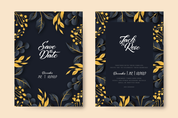 Golden Blue Floral Leaves Wedding Card: Premium Graphic Templates